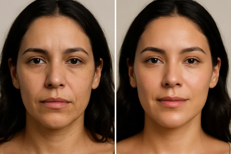 Before and after facial skin treatment results with smoother texture and youthful glow.