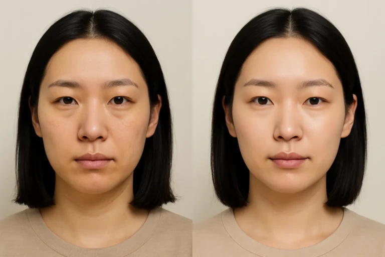Before and after Performance Booster Drip showing smoother skin and refreshed look.