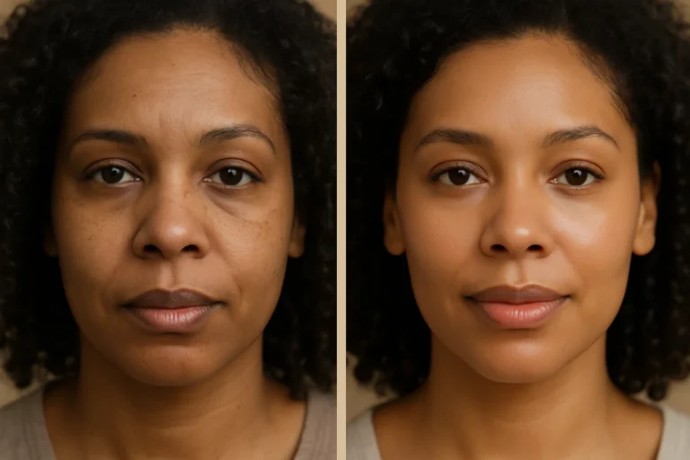Before and after Glow & Go Facial with smoother skin and refreshed youthful appearance.