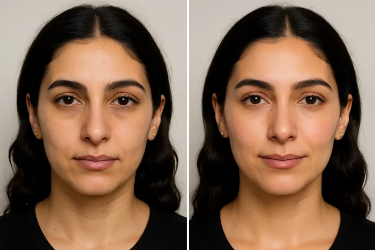 Before and after Before and after Morpheus8 treatment results with brighter skin and reduced dark circles.