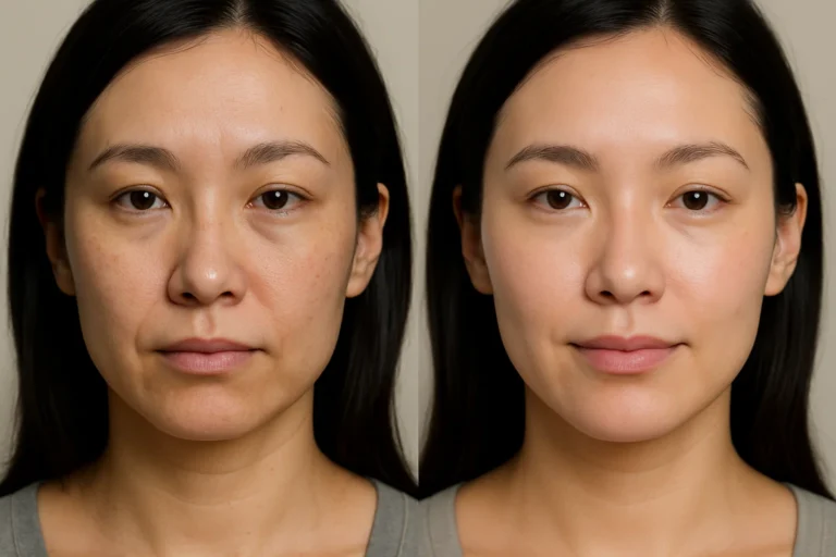 Before and after Signature HydraFacial treatment with smoother skin tone and youthful glow.
