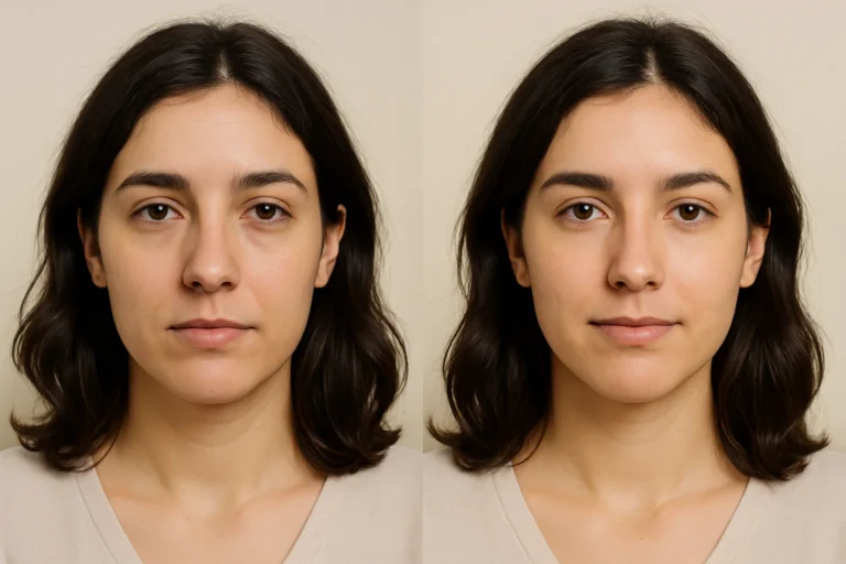 Before and after Performance Booster Drip treatment results with brighter skin and reduced tired look.