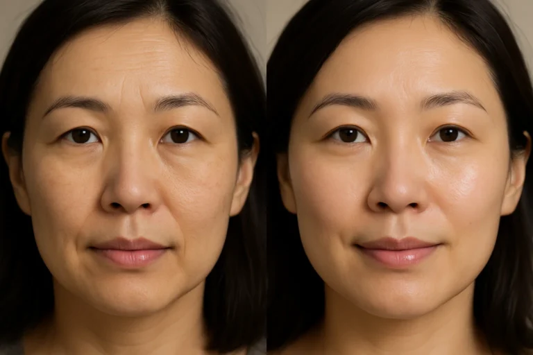 Before and after Glow & Go Facial showing improved texture and radiant youthful glow.