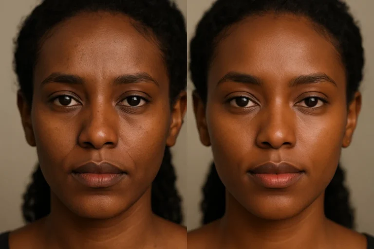 Before and after Dermal Fillers Full Face with smoother and radiant skin.