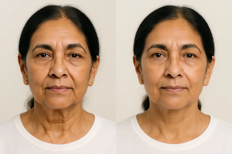 Before and after PRP Neck Treatments showing reduced wrinkles and smoother skin.