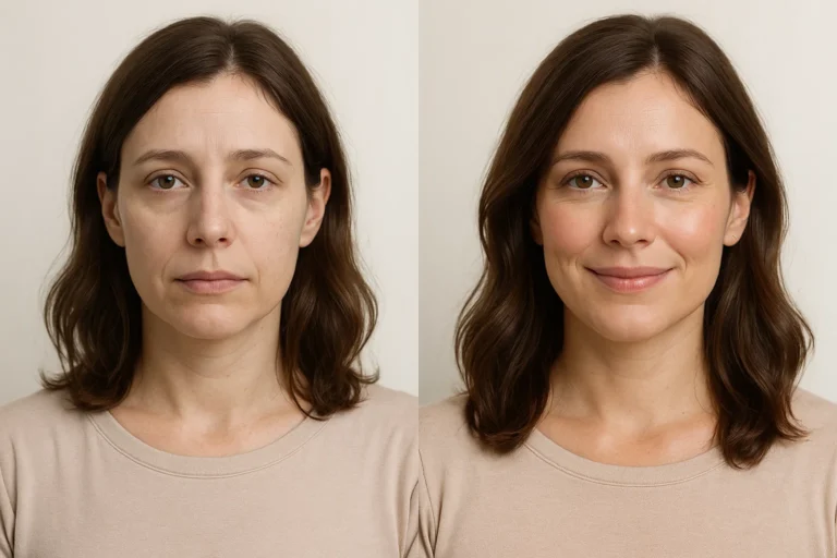 Before and after Performance Booster Drip treatment with brighter and healthier complexion.