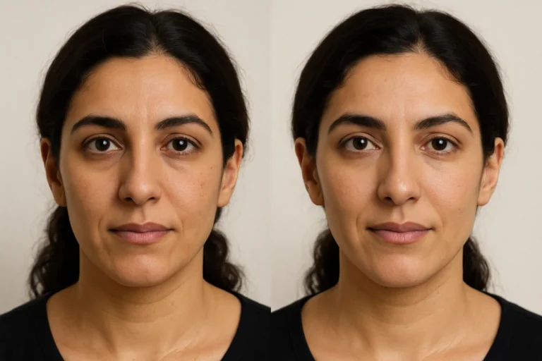 Before and after PRP Under Eyes with brighter complexion and reduced dark circles.