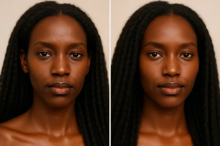 Before and after Vampire Facelift treatment with smoother radiant complexion.