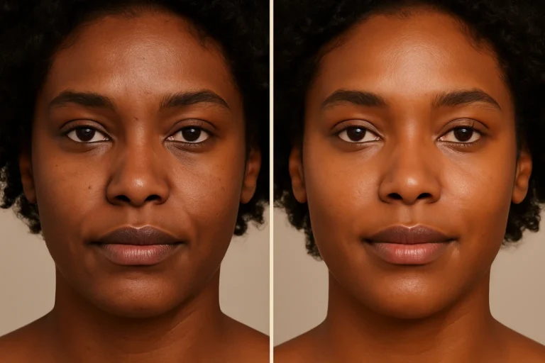 Before and after Signature HydraFacial treatment with brighter complexion and smooth texture.