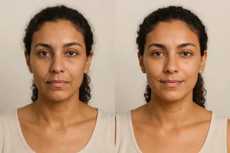 Before and after Performance Booster Drip with smoother texture and radiant complexion.