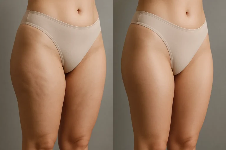 Before and after Sculptra Body Treatmen results with smoother legs and toned skin.