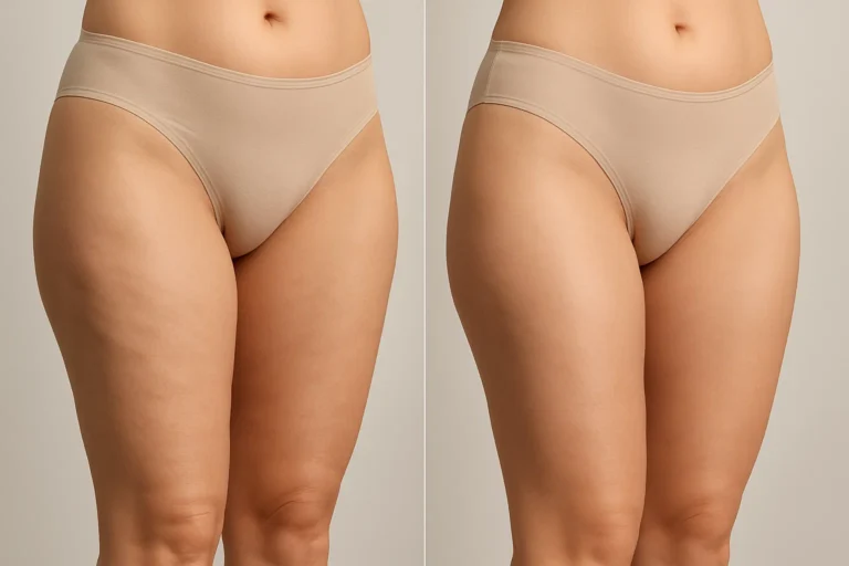 Before and after Morpheus8 Body Treatment with smoother legs and toned skin.
