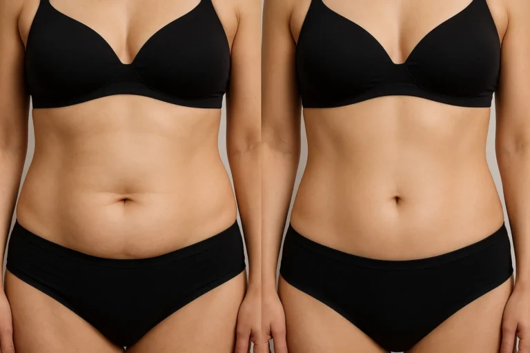 Before and after Morpheus8 Body Treatment with visible slimmer waist and flat stomach.