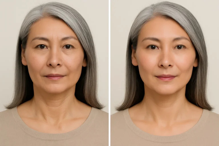 Before and after PRP Neck Treatments with smoother skin and youthful glow.