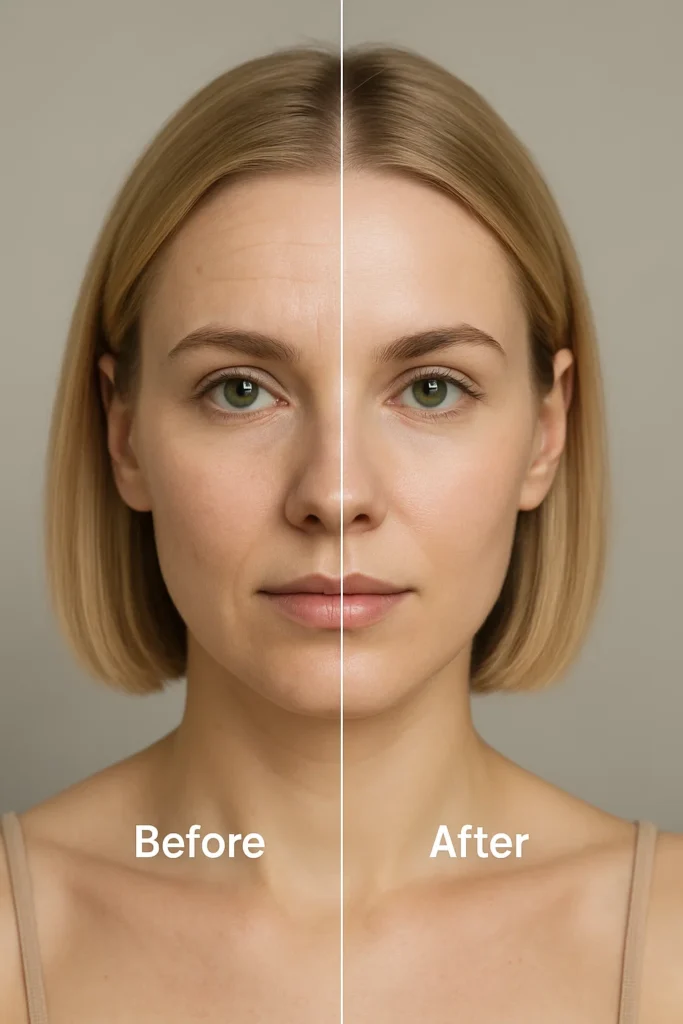 A before-and-after photo showcasing the benefits of a signature hydrafacial.