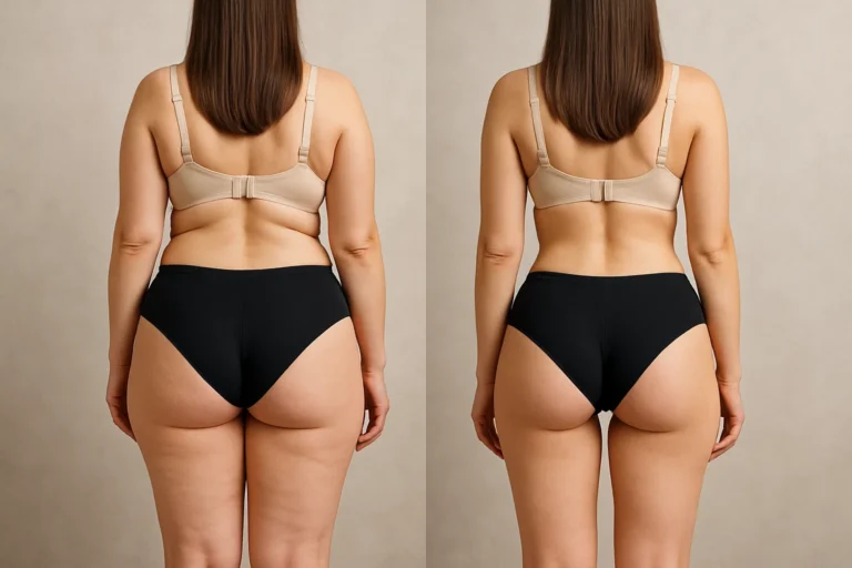 Before and after Lemon Bottle Fat Dissolving results showing slimmer waist and toned body.
