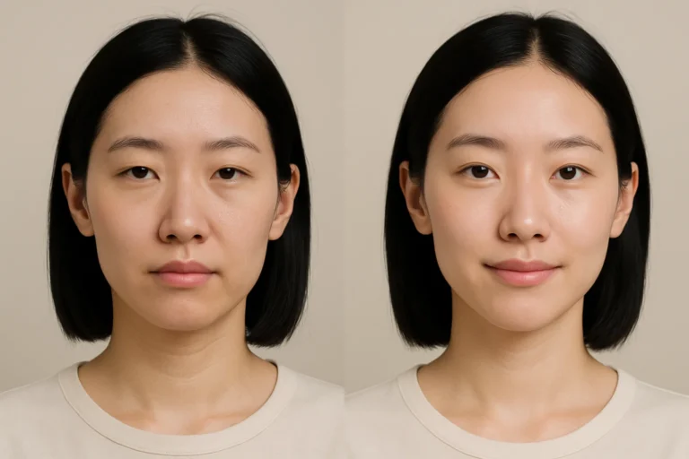 Before and after Vitamin Drip treatment with brighter skin and natural refreshed appearance.
