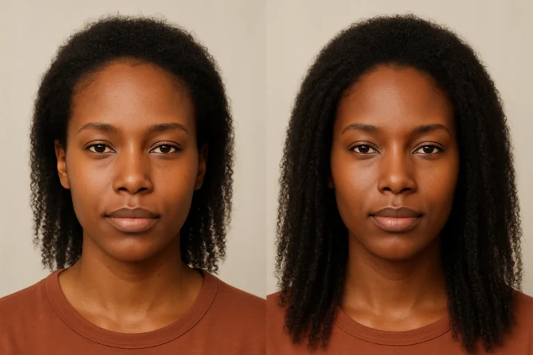 Before and after PRP Hair Treatment with healthier texture and natural fuller look.