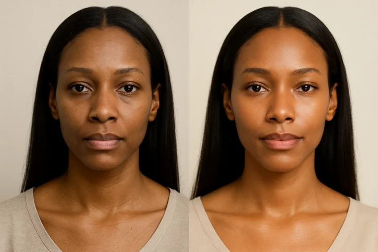 Before and after Vitamin Drip treatment with radiant glow and clear complexion.