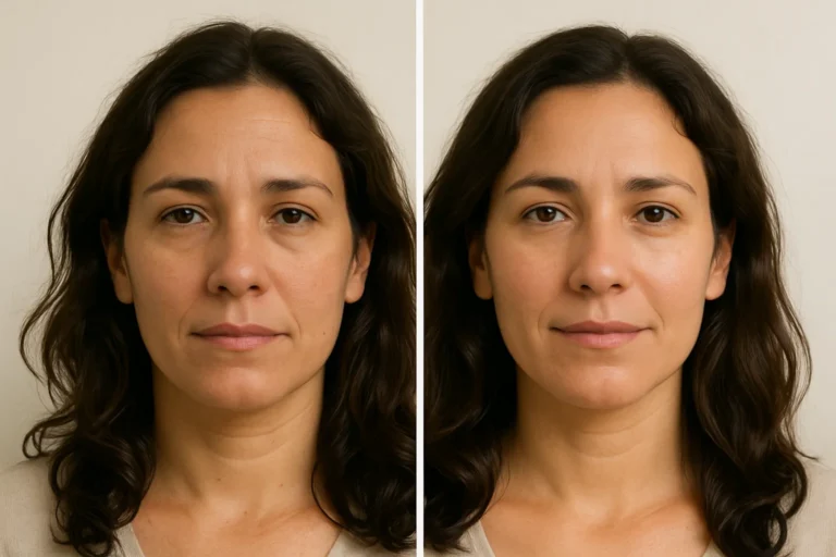 Before and after Vitamin Drip treatment with smooth texture and healthy glow.