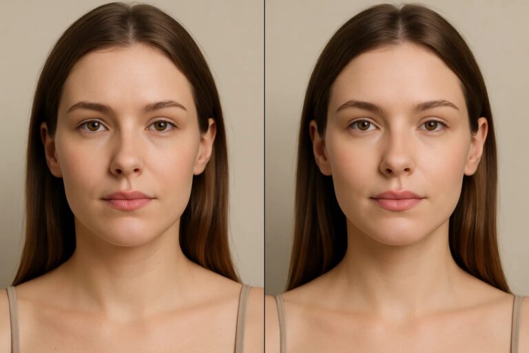 Before and after Barbie Botox treatment showing clear and radiant complexion.