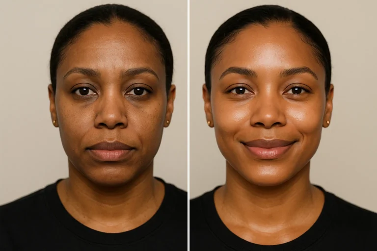 Before and after Deluxe HydraFacial treatment with improved tone and natural glow.