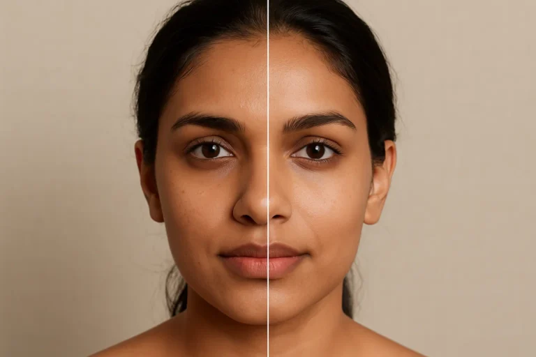 Before and after Deluxe HydraFacial treatment with improved skin texture and even tone.