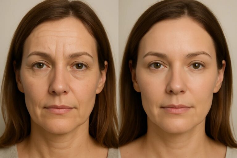 Before and after Full Face Botox Treatments with smoother skin and reduced wrinkles.