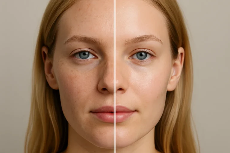 Before and after Signature HydraFacial treatment showing smoother skin texture and radiant glow.