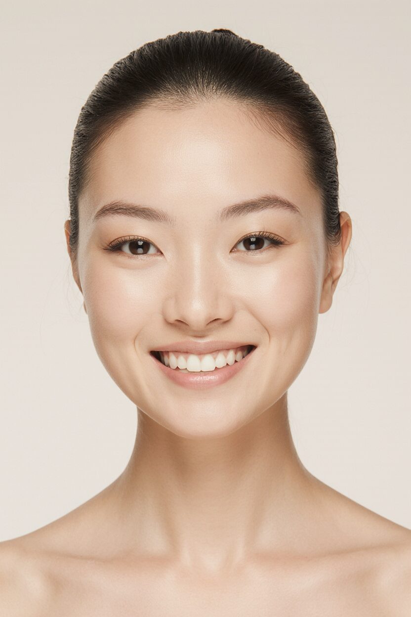 Woman with glowing skin smiling after skincare treatment.