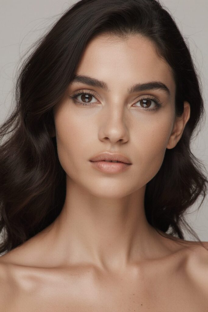 Brunette woman with natural beauty and flawless skin after skincare routine.