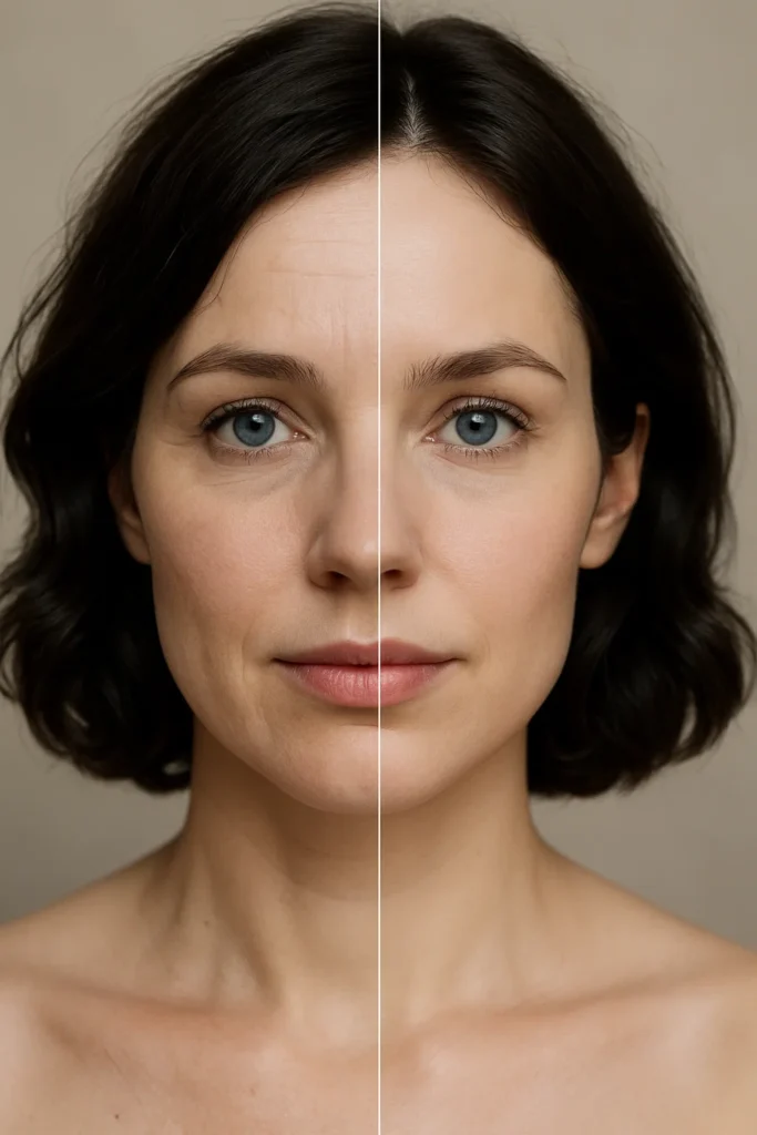A before-and-after comparison of Profhilo Structura treatments, showing visible anti-aging effects.