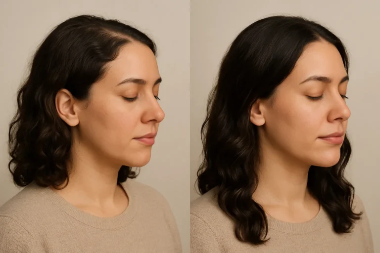 Before and after PRP Hair Treatment results with smoother skin and refined contours.