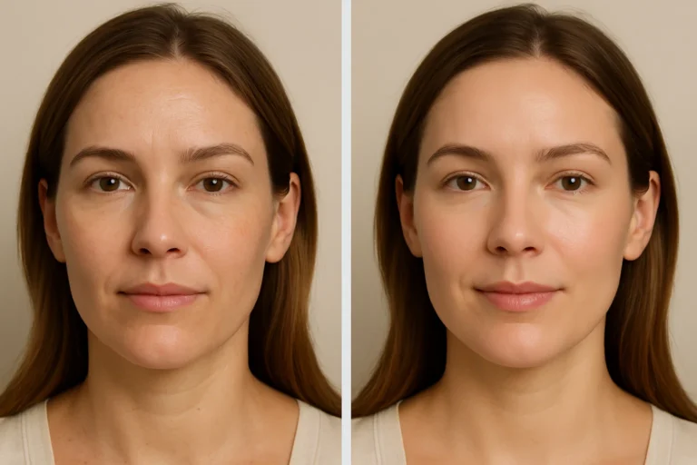 Before and after Deluxe HydraFacial treatment with visible improvement in tone and texture.