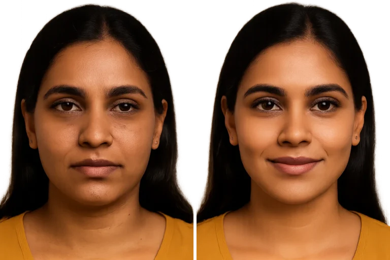 Before and after Dermal Fillers Full Face with smoother texture and youthful glow.