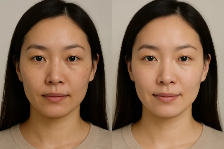 Before and after Lumecca IPL with reduced pores and improved smoothness