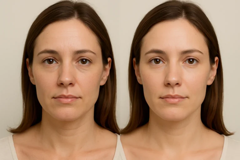 Before and after Forma Radiofrequency with improved tone, smooth skin, and radiant appearance.