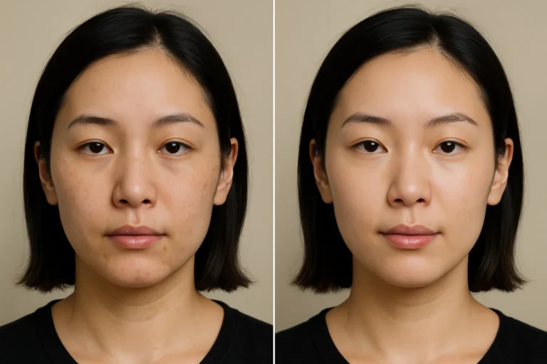 Before and after Dermapen Treatments with improved complexion and reduced blemishes.