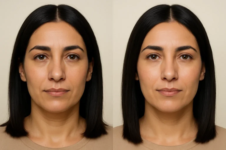 Before and after Vampire Facelift with glowing skin smiling.