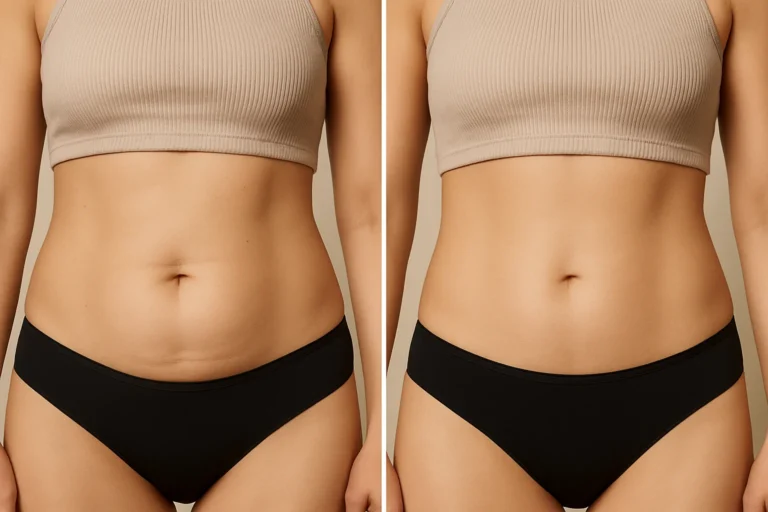 Before and after Sculptra Body Treatmen with visible slimming and toning results.