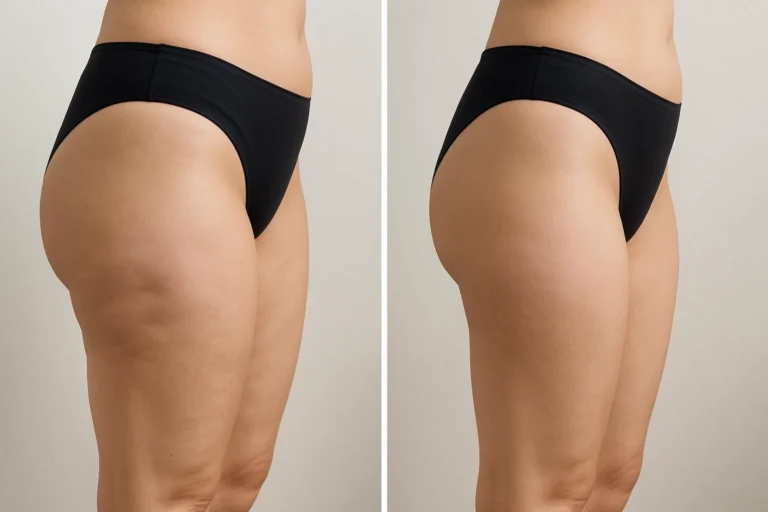 Before and after Lemon Bottle Fat Dissolving results with smoother skin and toned legs.