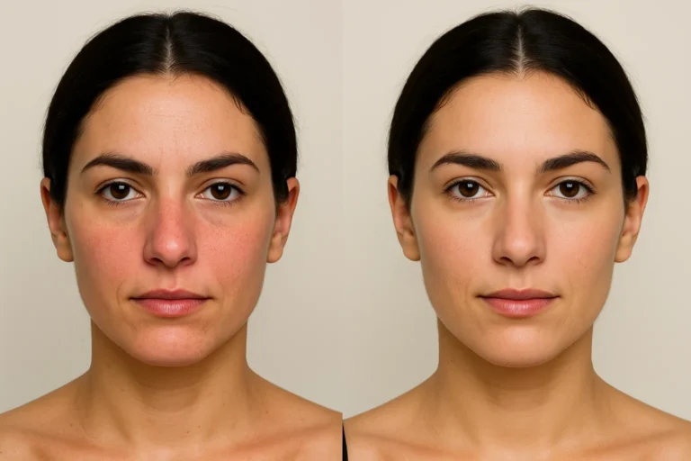 Before and after Comprehensive Rosacea Treatment showing smooth and even complexion.
