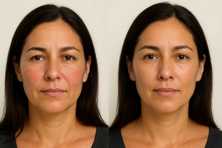 Before and after Comprehensive Rosacea Treatment with clearer and more even complexion.