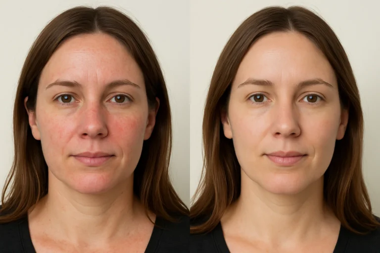 Before and after Comprehensive Rosacea Treatment with improved clear and even skin.
