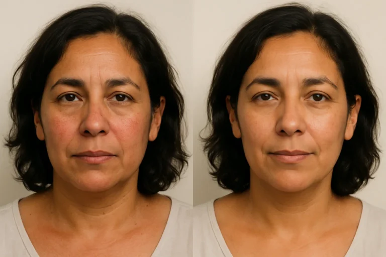 Before and after Comprehensive Rosacea Treatment with smoother and even skin tone.