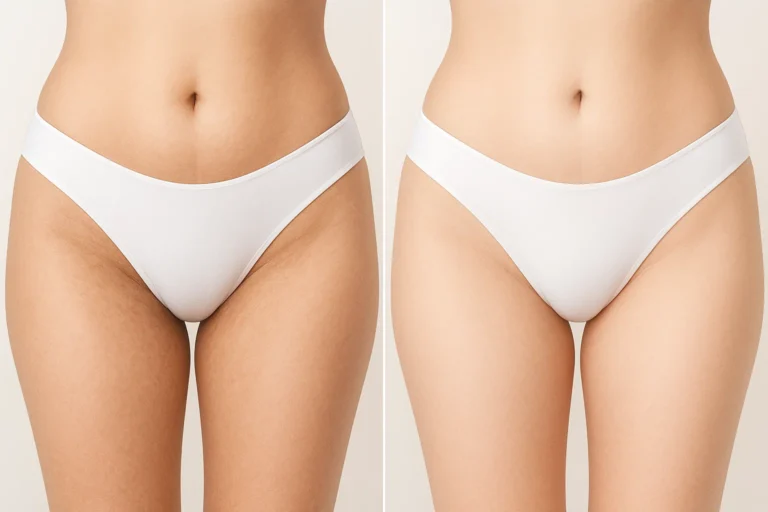 Before and after Dermamelan Intimate Peel treatment showing smooth skin and improved texture.