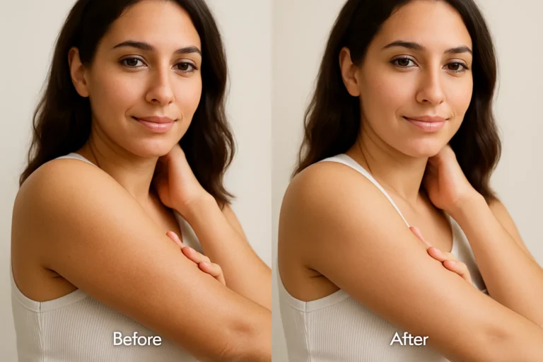 Before and after Dermamelan Intimate Peel treatment with glowing complexion.