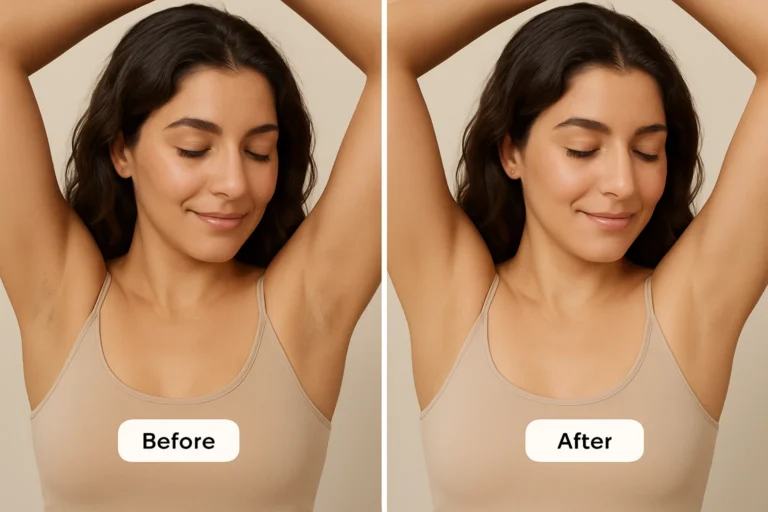Before and after Dermamelan Intimate Peel with smooth and clean skin.