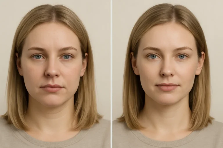Before and after Filler Dissolving with smoother brighter complexion.