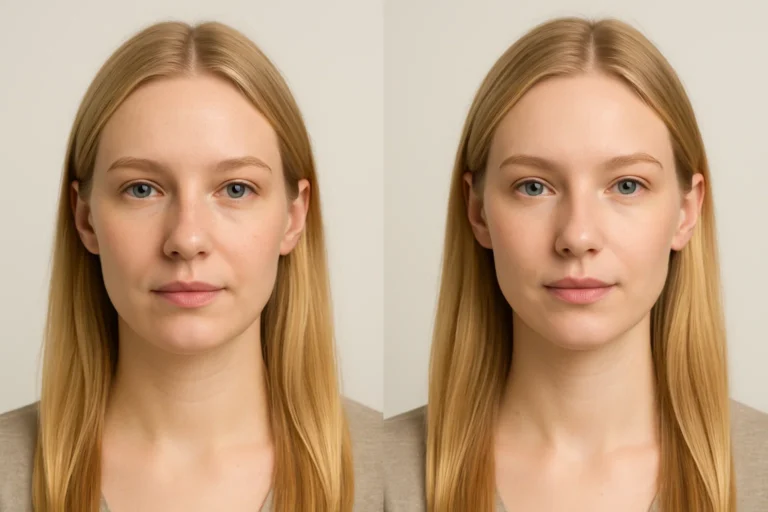 Before and after Jawline Filler face retouch with natural clear complexion.